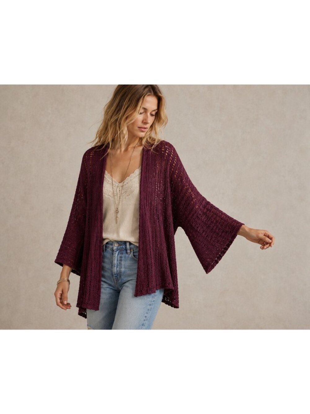 NWT Free People Plum Open Knit Crochet Drape Front Cardigan Small Bell Sleeve